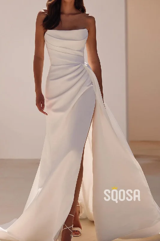 Satin Bateau Sleeveless  Empire Pleats With Side Slit Wedding Dress QW8183 Boho Wedding Gown