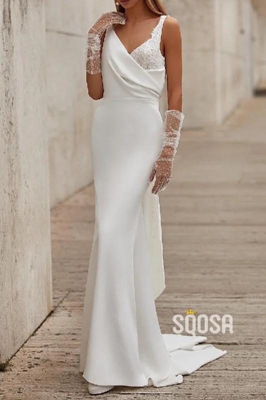 Chic Satin Fitted V-Neck Spaghetti Straps Lace Applique Wedding Dress QW8185 Lace Wedding Gown