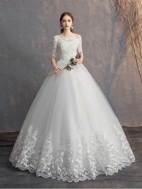 Elegant Lace-Up Tulle Ball Gown Wedding Dresses Off-shoulder Gown