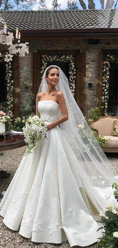 Elegant Strapless Applique Ball Gown Popular Bridal Long Wedding Dresses, WDH087 Full Skirt Wedding