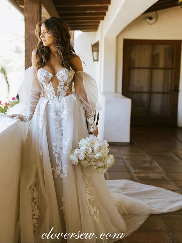 Lace Applique Long Lantern Sleeves Off The Shoulder Ball Gown Wedding Dresses, CW0345 Glitter Wedding Dress