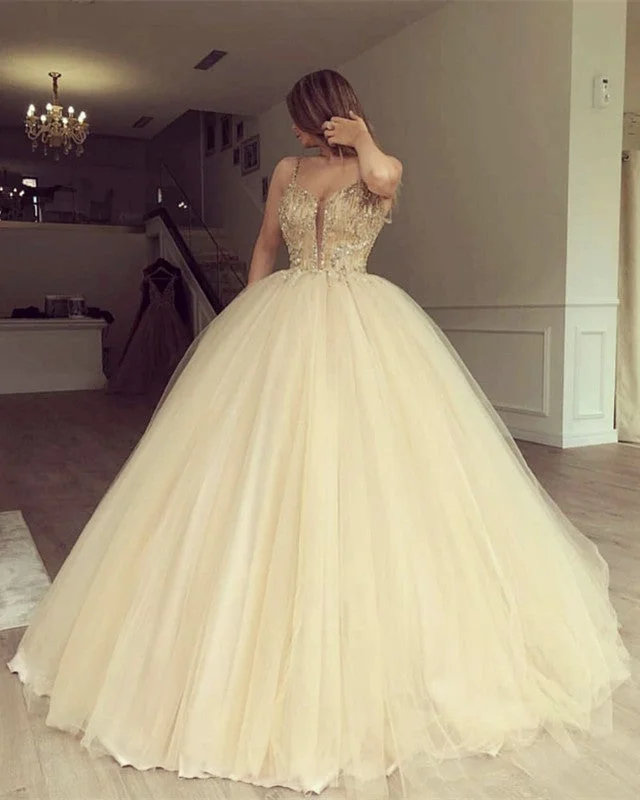 Luxurious Beaded Sweetheart Tulle Ball Gowns Prom Dresses Empire Waist Gown