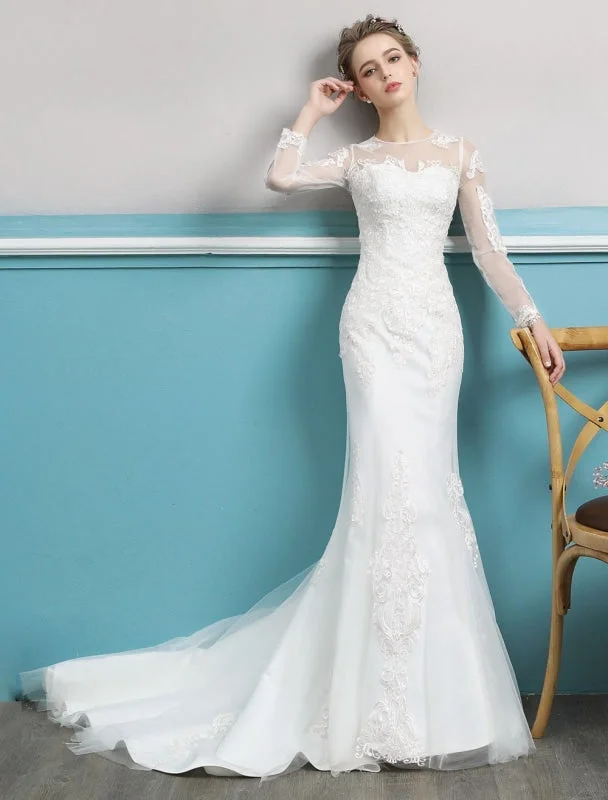 Mermaid Wedding Dresses Long Sleeve Ivory Lace Illusion Train Bridal Gowns Satin Lace Gown