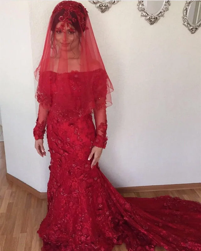 Off The Shoulder Long Sleeves Burgundy Lace Mermaid Wedding Dresses Classic Bridal Dress