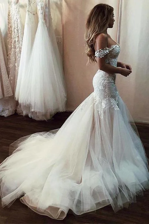 Off the Shoulder Mermaid Wedding Dress with Lace Long Tulle Bridal Dress with Train N1382 Strapless Bridal Dress