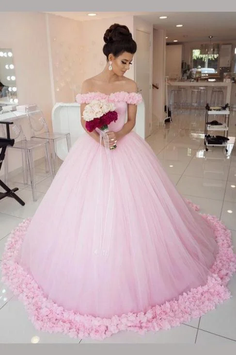 Pink Ball Gown Princess Off-shoulder Hand-Made Flower Wedding Dress N479 Long Sleeve Gown