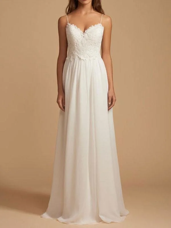 Simple Wedding Dress 2021 A Line V Neck Straps Sleeveless Lace Chiffon Bridal Dresses With Train For Beach Party Elegant Lace Gown