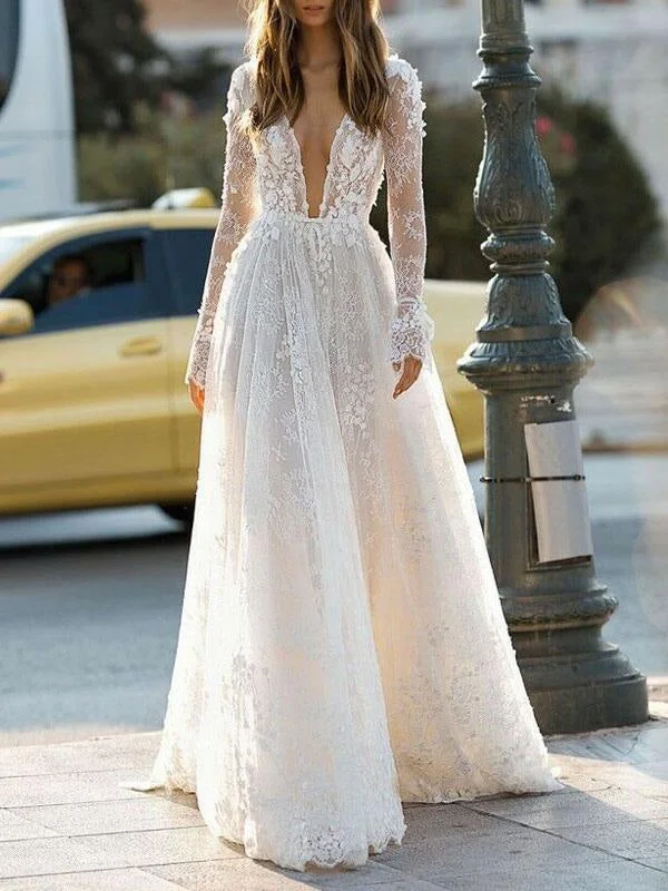 Simple Wedding Dress A Line V Neck Long Sleeves Lace Floor Length Bridal Gowns Silk Wedding Gown