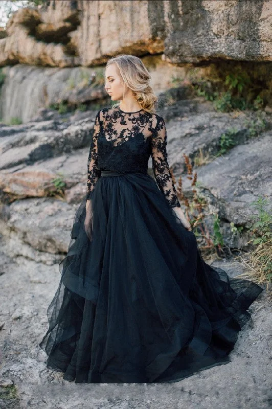 Vintage Black A-Line Long Sleeves Wedding Dress With Ruffles Appliques Lace Tulle Embroidered Wedding Dress