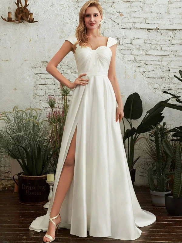 Wedding Dresses A-Line Court Train Spaghetti Straps Sleeveless Pleated Sweetheart Neck Satin Fabric Ivory Bridal Gowns Simple Wedding Dress