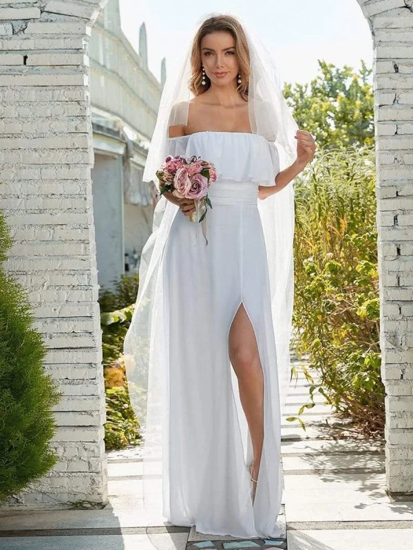 White Simple Wedding Dress Chiffon Bateau Neck Sleeveless Split Front A-Line Long Bridal Gowns Sexy Lace Gown