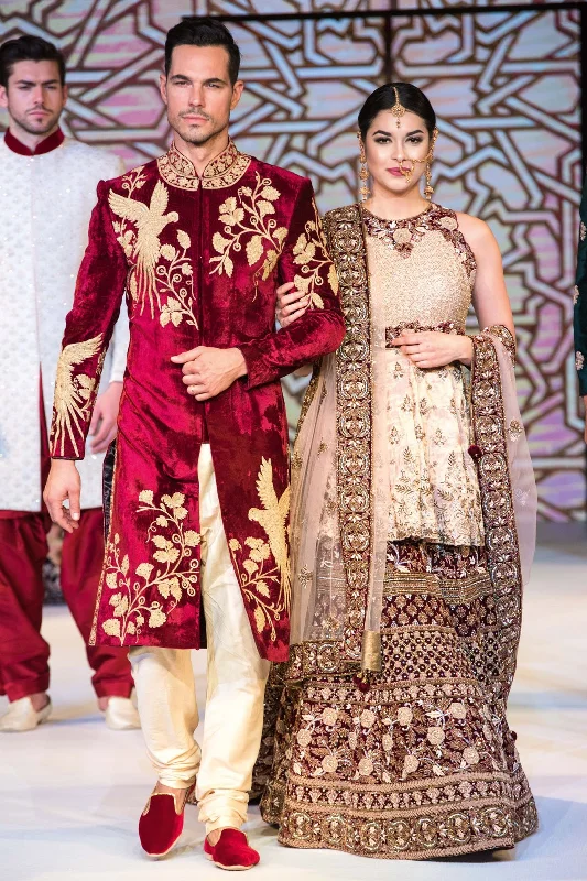 Maroon & Gold Bride-Groom Sherwani and Lehenga Knitted unclassified skirts