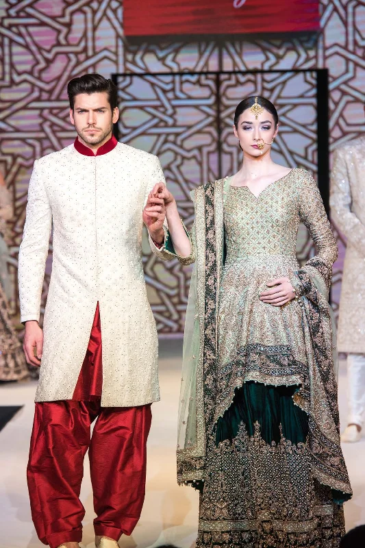 Mint & Emerald Peplum Lehenga and Ivory Mehroon Sherwani Silk unclassified skirts