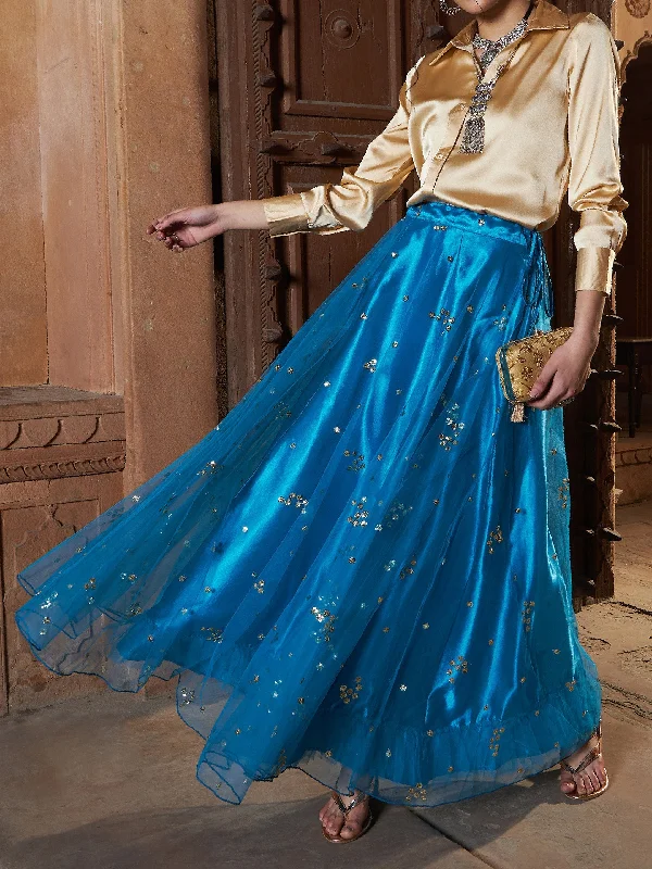 Lyush Women Teal Tulle Sequin Bias Flare Anarkali Skirt Wrap unclassified skirts