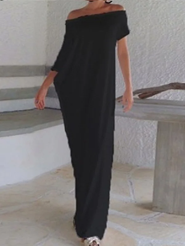 Casual Loose Women One Shoulder Pure Color Batwing Sleeve Maxi Dresses Off-shoulder maxi dresses