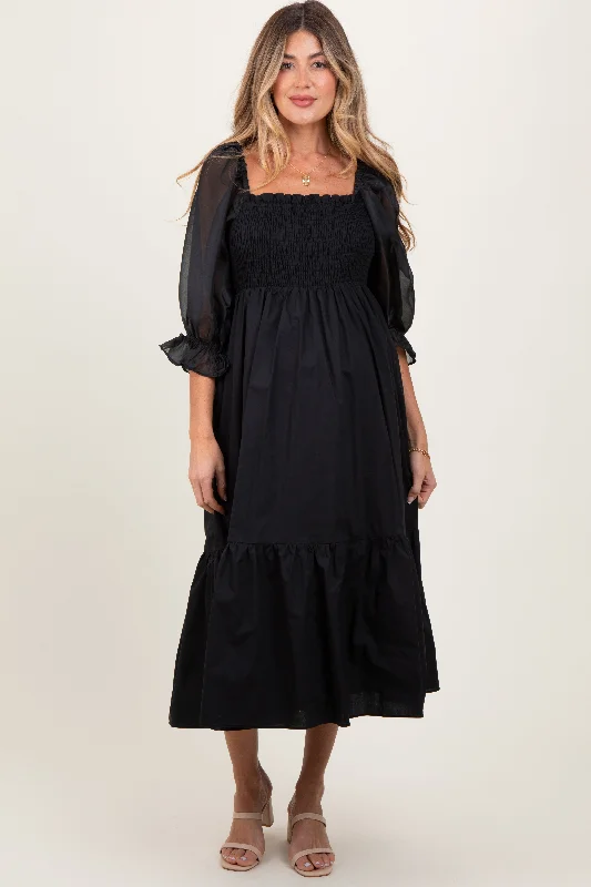 Black Chiffon Smocked Puff Sleeve Maternity Midi Dress Best midi dresses for hourglass body shape