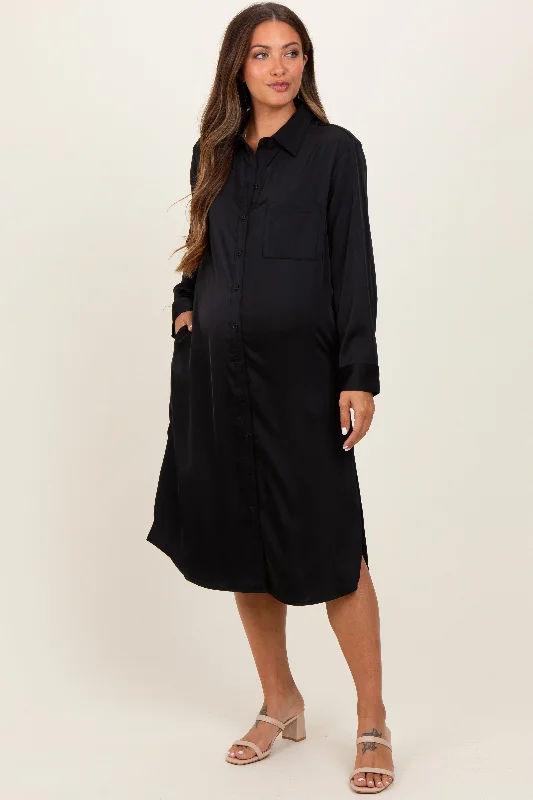 Black Long Sleeve Maternity Midi Shirt Dress Elegant midi dresses