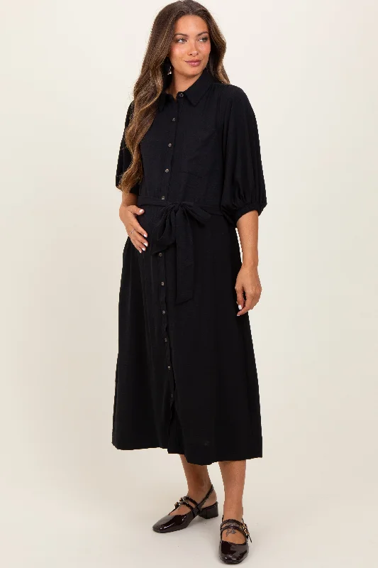 Black Sash Tie Maternity Midi Shirt Dress Cotton midi dresses