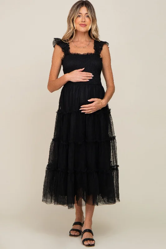 Black Smocked Mesh Ruffle Accent Maternity Midi Dress Discounted midi dresses