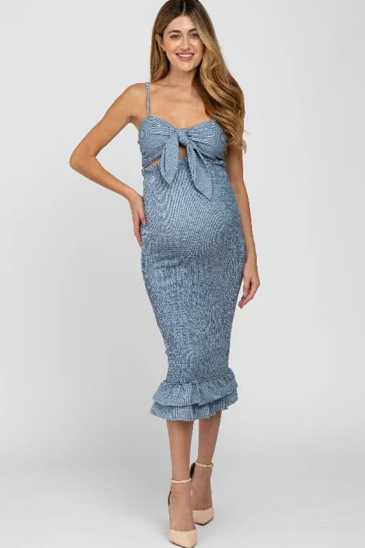 Blue Gingham Print Smocked Fitted Self-Tie Maternity Midi Dress Best midi dresses for hourglass body shape