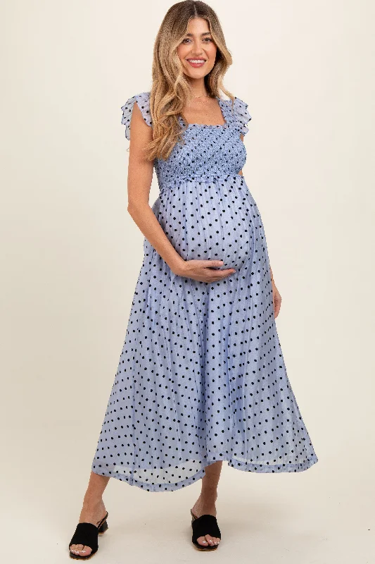 Blue Polka Dot Smocked Maternity Midi Dress Casual midi dresses