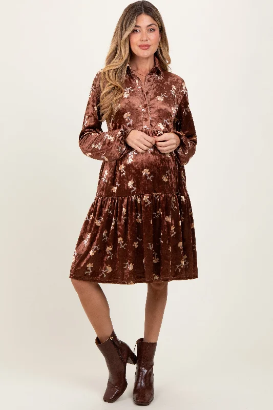 Brown Floral Velvet Button Down Maternity Midi Dress Street style midi dresses