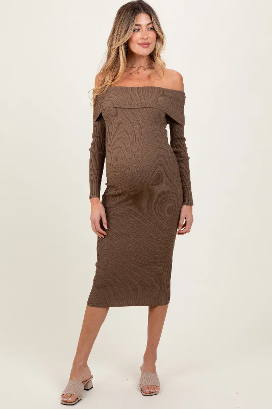 Brown Ribbed Knit Off Shoulder Fold Over Maternity Midi Dress Festival midi dresses