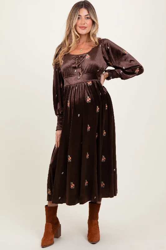 Brown Velvet Embroidered Floral Maternity Midi Dress Fashion-forward midi dresses