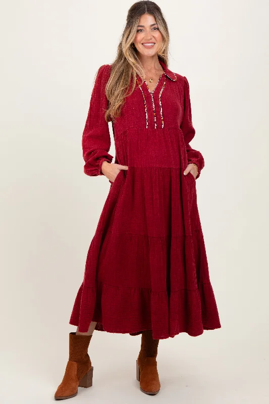 Burgundy Cotton Gauze Long Sleeve Tiered Maternity Midi Dress Festival midi dresses