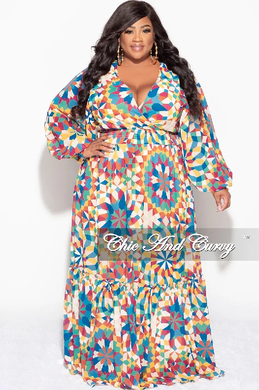 Final Sale Plus Size Chiffon Faux Wrap Maxi Dress In Multi Color Design Print Festival maxi dresses