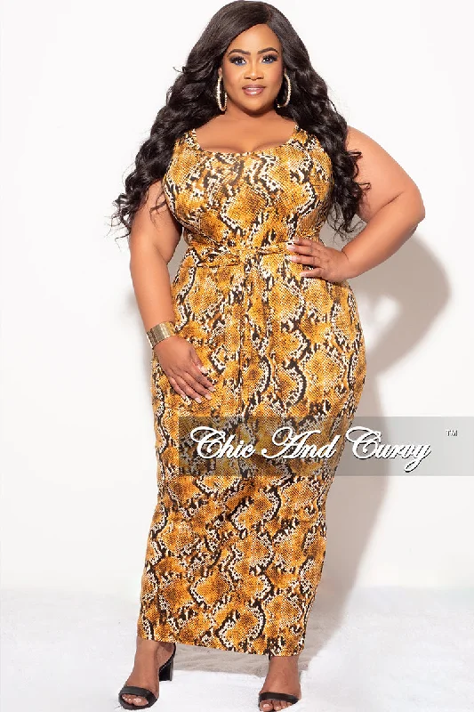 Final Sale Plus Size Sleeveless Maxi Dress with Waist Tie in Mustard and Black Snake Print Stretchy maxi dresses