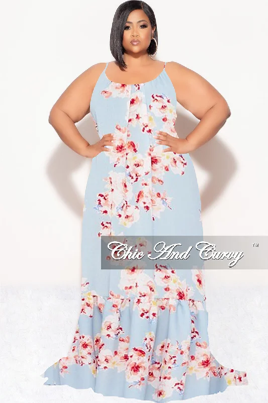 Final Sale Plus Size Maxi Dress with Spaghetti Straps in Blue Floral Print Summer party maxi dresses