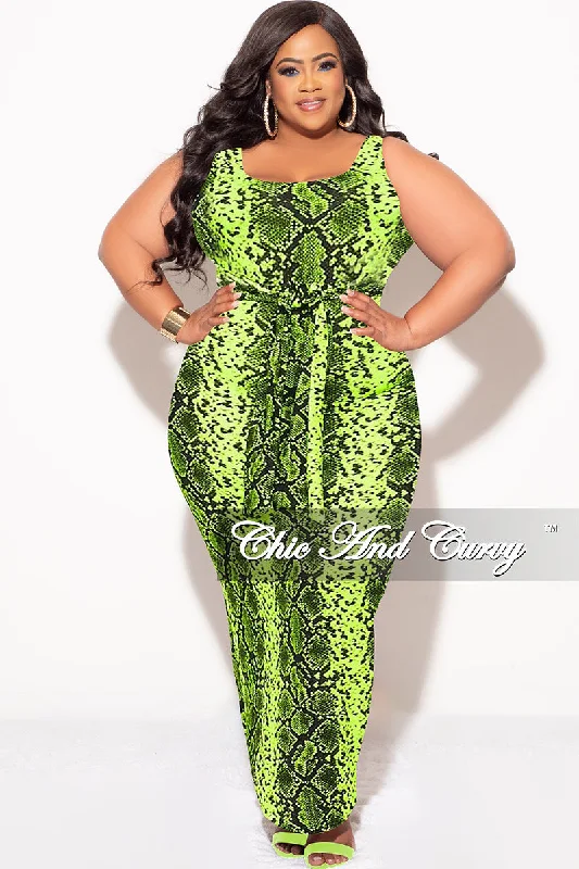 Final Sale Plus Size Sleeveless Maxi Dress with Waist Tie in Neon Green and Black Snake Print PrettyLittleThing maxi dresses