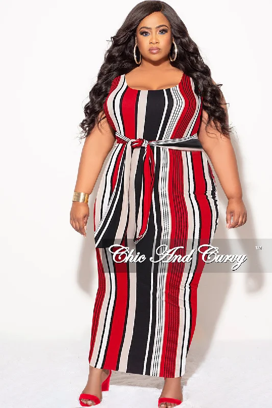 Final Sale Plus Size Sleeveless Maxi Dress with Waist Tie in Red Black and White Stripe Print Preppy maxi dresses