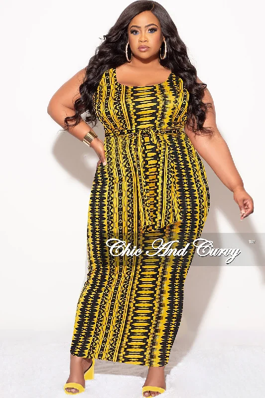 Final Sale Plus Size Sleeveless Maxi Dress with Waist Tie in Yellow and Black Design Print Boho maxi dresses