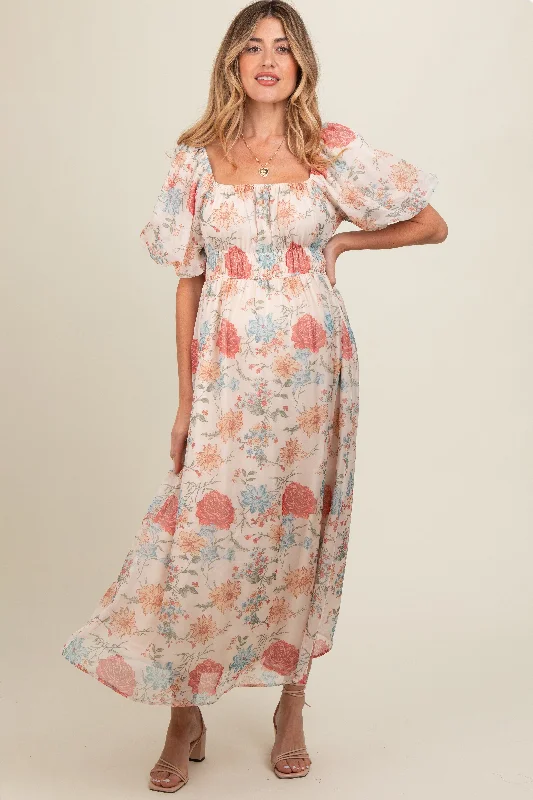 Cream Blue Floral Chiffon Puff Sleeve Maternity Midi Dress Cheap midi dresses