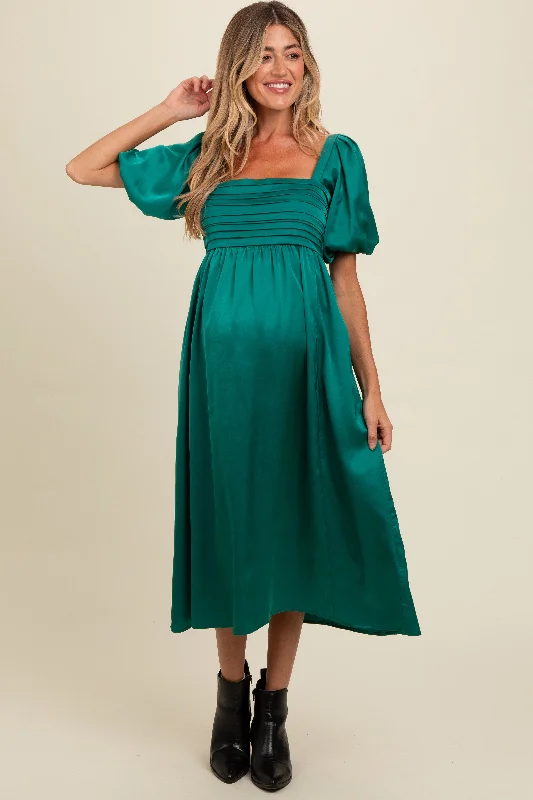 Emerald Green Satin Pleated Bodice Puff Sleeve Maternity Midi Dress Strapless midi dresses