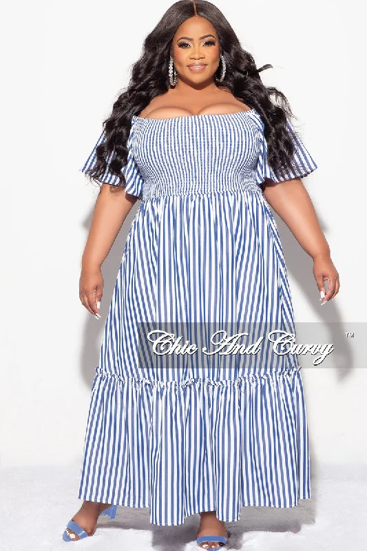 Final Sale Plus Size Off the Shoulder Frill Tiered Maxi Dress in Blue and White Stripe Print Velvet maxi dresses