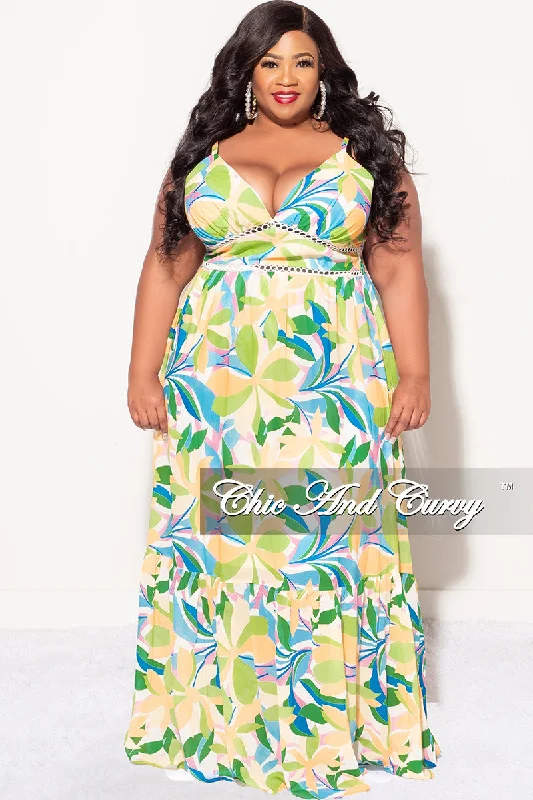 Final Sale Plus Size Sleeveless Tiered Maxi Dress In Yellow and Green Floral Multi Color Print Edgy maxi dresses