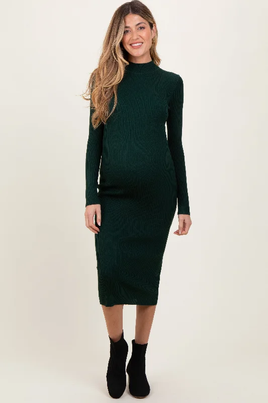 Forest Green Mock Neck Fitted Ribbed Knit Maternity Midi Dress Leather midi dresses