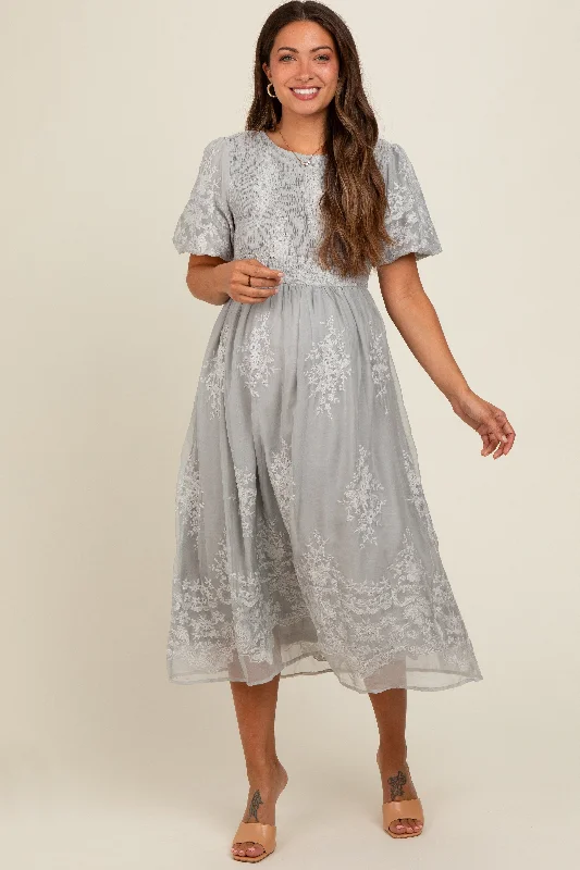 Grey Floral Lace Smocked Maternity Midi Dress Wrap midi dresses