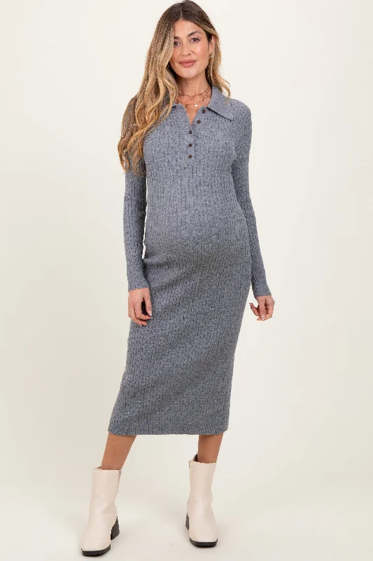 Heather Grey Cable Knit Button Up Maternity Midi Dress Party midi dresses