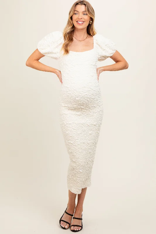 Ivory Textured Square Neck Puff Sleeve Maternity Midi Dress Cocktail midi dresses