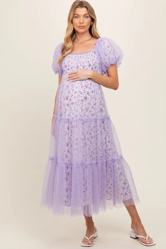 Lavender Floral Lined Smocked Tulle Maternity Midi Dress Boho midi dresses