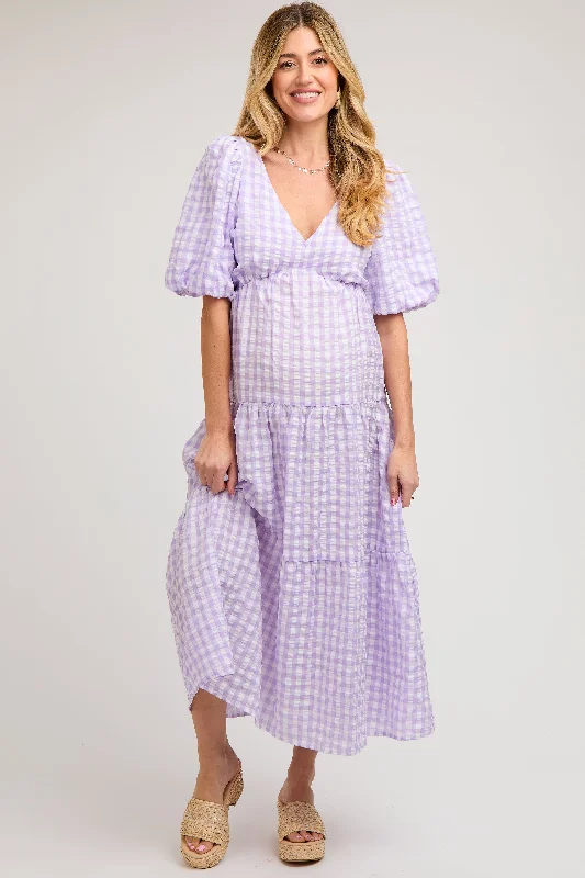 Lavender Gingham Puff Sleeve Maternity Tiered Midi Dress Forever 21 midi dresses