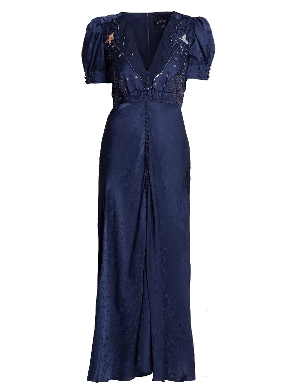 Venyx Lea Long Dress in Navy Astro Embroidered Women's trendy maxi dresses sale