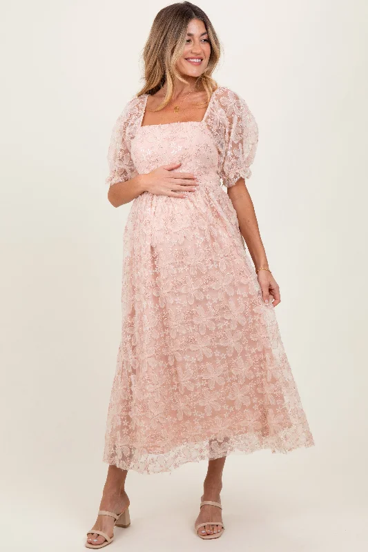 Light Pink Floral Mesh Overlay Tie Back Maternity Midi Dress Strapless midi dresses