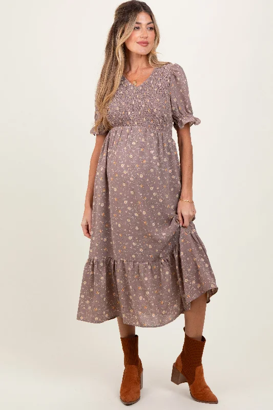 Mauve Floral Print Smocked Ruffle Hem Maternity Midi Dress Party midi dresses