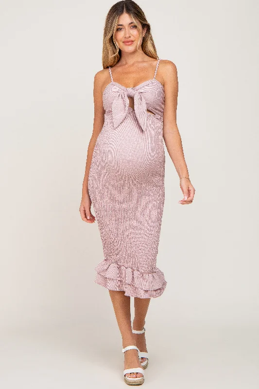 Mauve Gingham Print Smocked Fitted Self-Tie Maternity Midi Dress Cocktail midi dresses