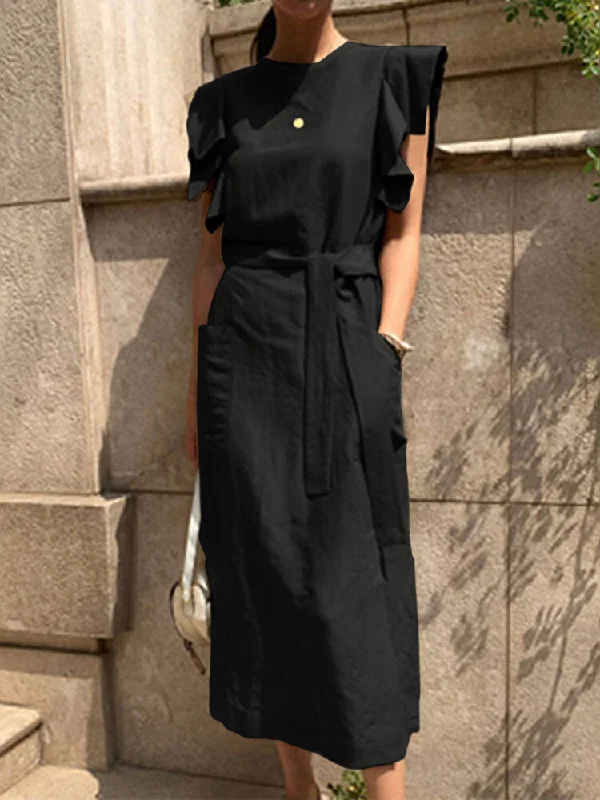 Women Sleeveless Crew Neck Belted Casual Maxi Dress Corset maxi dresses